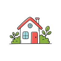 Illustration of a simple house with a chimney, with bushes and trees vector