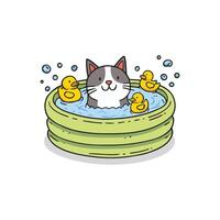 Illustration of happy cat bathe in a inflate pool with duck toys vector