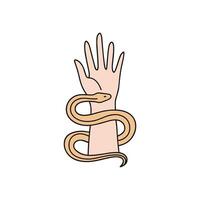 Illustration of simple doodle Draw a snake intertwined with hand vector