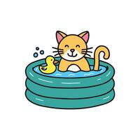 Illustration of cat bathe in inflate pool with small duck toy vector
