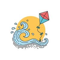 kite surfs and fun waves and splash against the sun illustration vector