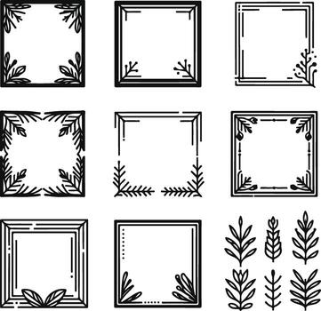 Set of square frames with leaves and branches vector