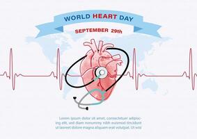 Image of Stethoscope around on a human heart with heartbeat and wording of World Heart Day, example texts on blue paper pattern background. vector