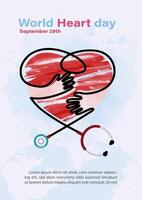 Image of Stethoscope make a human hands acting hug a red heart and wording of World Heart Day, example texts on blue paper pattern background. vector