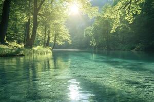 A bright and peaceful view of a lush forest with a crystal clear stream that reveals the rocks beneath. Sunlight filters through tall trees. No people. A natural scene suitable for ecotourism. photo