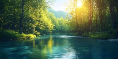 A bright and peaceful view of a lush forest with a crystal clear stream that reveals the rocks beneath. Sunlight filters through tall trees. No people. A natural scene suitable for ecotourism. photo