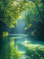 A bright and peaceful view of a lush forest with a crystal clear stream that reveals the rocks beneath. Sunlight filters through tall trees. No people. A natural scene suitable for ecotourism. photo