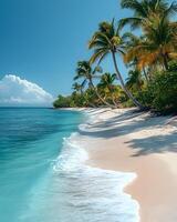 A clean white sandy beach stretches under a vast blue sky, with clear turquoise waters sparkling in the warm sunlight. Soft, foamy waves gently lap the shore perfect for eco-tourism posters or media. photo