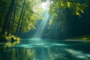 A bright and peaceful view of a lush forest with a crystal clear stream that reveals the rocks beneath. Sunlight filters through tall trees. No people. A natural scene suitable for ecotourism. photo