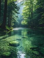 A bright and peaceful view of a lush forest with a crystal clear stream that reveals the rocks beneath. Sunlight filters through tall trees. No people. A natural scene suitable for ecotourism. photo