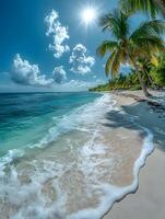 A clean white sandy beach stretches under a vast blue sky, with clear turquoise waters sparkling in the warm sunlight. Soft, foamy waves gently lap the shore perfect for eco-tourism posters or media. photo