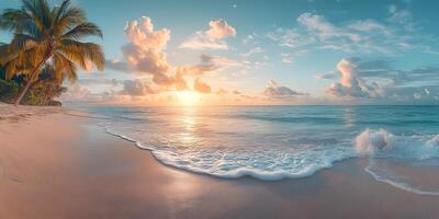 A clean white sandy beach stretches under a vast blue sky, with clear turquoise waters sparkling in the warm sunlight. Soft, foamy waves gently lap the shore perfect for eco-tourism posters or media. photo