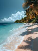 A clean white sandy beach stretches under a vast blue sky, with clear turquoise waters sparkling in the warm sunlight. Soft, foamy waves gently lap the shore perfect for eco-tourism posters or media. photo