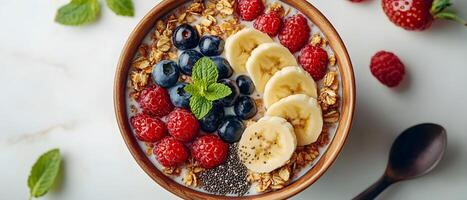 Healthy breakfast is very important because it keeps you energized all the day. This image can be used in advertisements or on social media to promote healthy and balanced diet in your daily life. photo