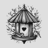 Bird feeder with a heart and birds in the branches vector