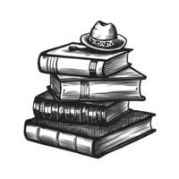 A stack of books with a hat on top vector