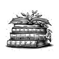 A black and white drawing of a stack of books with leaves vector