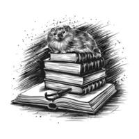 A drawing of a ferret sitting on top of a stack of books vector