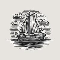 A sailing boat in the ocean with clouds and waves vector