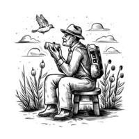 An old man sitting on a bench with a camera and a bird vector