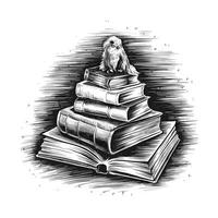 A black and white drawing of a bird sitting on top of a stack of books vector