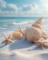 varios conchas marinas metido en blanco arenoso playa con un azul mar como un fondo, transporta natural belleza y conexión a el mar. eso lata ser usado en trabajos ese deseo a transmitir sentido de relajación, viaje foto