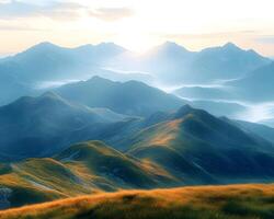 Landscape of majestic mountain ranges at sunrise, with golden sunlight casting soft rays over distant hills and valleys. The foreground consists of a grassy ridge covered in golden autumn hues. photo