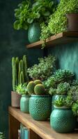 Stylish room's garden design with beautiful plants in cute little pots. Forest in the bedroom. Free space on the wall above the potted plants for writing a message suitable for use as a background. photo