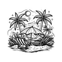 A drawing of a beach scene with palm trees and an umbrella vector