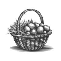 Basket with apples and nuts in engraving style vector