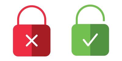 Lock with check mark and cross icon in red and green colors vector