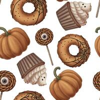 Seamless pattern with Halloween candy sweets and ghost in cartoon style. Hand drawn endless holiday background design. Dark mystical texture surface for autumn textile and spooky season craft. vector