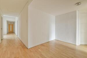 An empty hallway with wooden floors and white walls photo