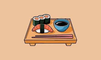 Sushi platter with chopsticks and soy sauce . vector