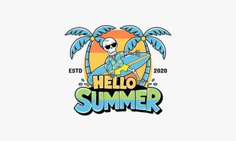 Skeleton surfing under palm trees with Hello Summer text vector