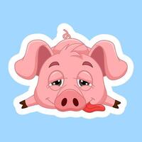 Sticker of a Tired Little Pig with His Tongue Sticking Out. Illustration of Funny Cartoon Character for Children vector