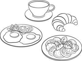 Set of Breakfast Dishes for Coloring. Illustration of Coffee with Croissant, Scrambled Eggs with Tomato and Caprese Salad. Menu Design vector