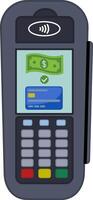 POS Terminal Processes Payment. Online Banking Payment Machine. illustration. Credit Card and Money. NFC payment processing device vector