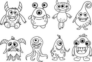 Set of Cartoon Monsters for Coloring Pages. Illustration of Monsters on a White Background vector