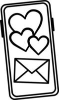 Love Correspondence on the Phone for Coloring. Hearts and Envelope. Online Dating. Communication on Social Networks. Illustration for Valentines Day vector