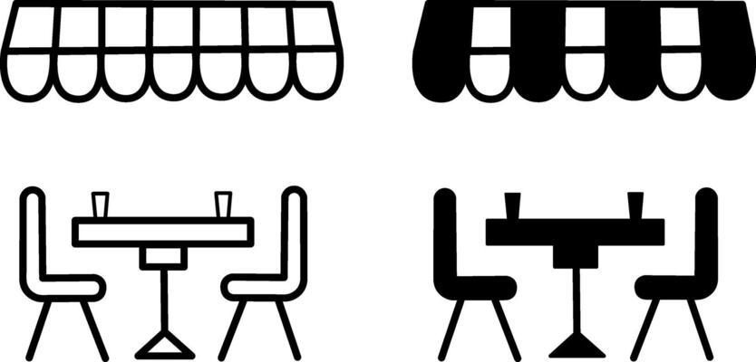 Black and White Street Cafe Icons. Illustration of Table and Chairs in a Summer Restaurant. Leisure and tourism concept