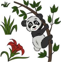 Clipart of a cartoon cute panda on a branch, with a flower and grass. illustration of a funny panda on a branch. Wild animal in the jungle vector
