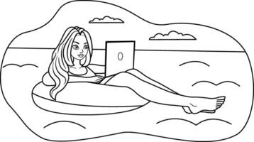 Young Woman Resting and Working for Coloring. Illustration of a Beautiful Girl Floating on an Inflatable Ring in the Sea and Working with a Laptop vector