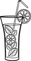 Summer Cocktail with Lemon and Mint for Coloring Page. Illustration of Refreshing Drink with Straw and Ice Pieces vector