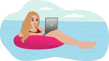 Young Woman Resting and Working Remotely. Illustration of a Beautiful Girl Floating on an Inflatable Ring in the Sea and Working with a Laptop vector