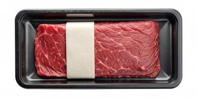 Blank plastic beef tray with black and white label mockup High Angle, plastic beef tray, presentation, minimalistic, empty tray, product display, graphic design, food service photo