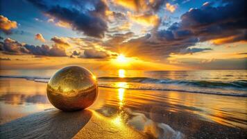 A beautiful golden stone stands out against the backdrop of a mesmerizing sea sunset creating a panoramic view filled with tranquility and beauty, tranquility, peaceful, colorful, dusk photo