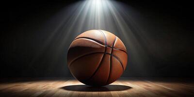 background, A detailed description of the stock photo An abstract dark basketball background illuminated by a single spotlight creating a minimalist composition with copy space