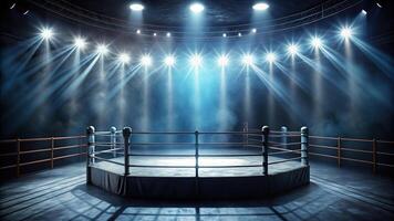 spotlight, performance, empty arena,boxing, dramatic, competition, ring, power, intense, Empty ring boxing arena bathed in a spotlight creating a dramatic and intense atmosphere photo