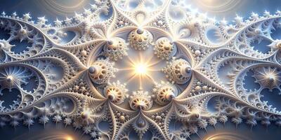 white, A stunning stock photo showcasing a mesmerizing and intricate fractal shape in abstract white set against a gentle and luminous light background creating a panoramic view